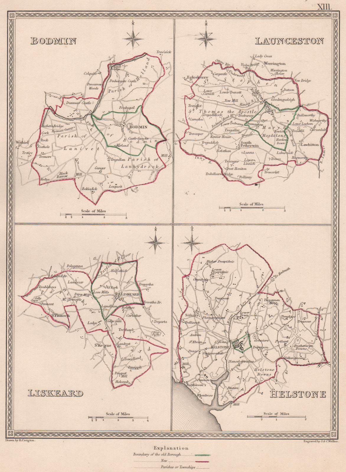 CORNWALL TOWNS. Bodmin Launceston Liskeard Helstone. CREIGHTON/WALKER 1835 map